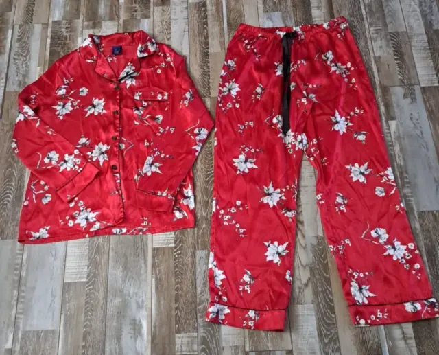 Women's Apt 9 Satin Pajamas Red Floral Long Sleeve Button Down Top Pants M