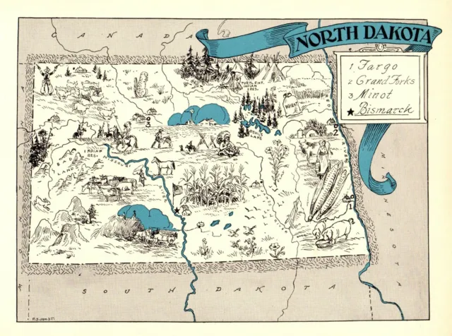 1930s Antique Animated NORTH DAKOTA State Picture Map Fargo Bismark Map BLU 9569