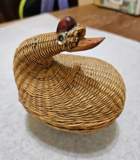 Chicken - Goose Mini Basket & Lid Vintage Woven Wicker Rattan Trinket Box Basket