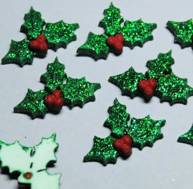 6 x GLITTER HOLLY Christmas Leaf Berries Plastic Dress It Up Craft Embellishment