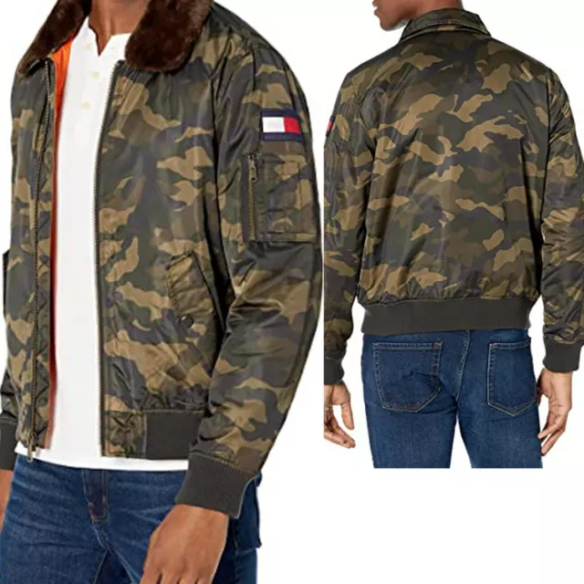 Tommy Hilfiger Laydown Officer Camo Military Bomber Jacket Pile Collar 2XL Patch