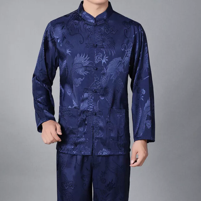 Mens Traditional Chinese Tang Suit Coat Set Martial Arts Taichi Uniform Dragon