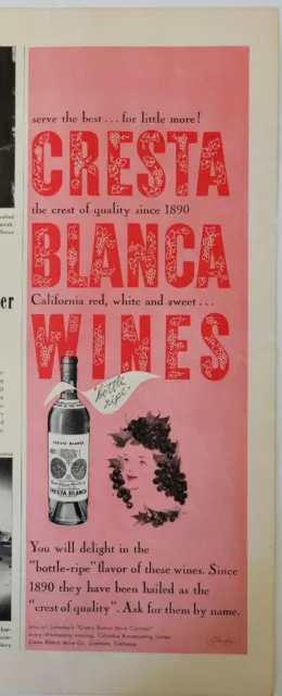 1943 Cresta Blanca California red white sweet wines vintage ad