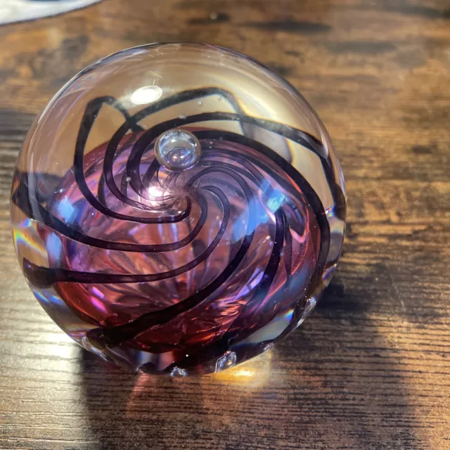 Vtg LANGHAM GLASS Burgundy/ Purple Spiral PAPERWEIGHT Signed PAUL MILLER -