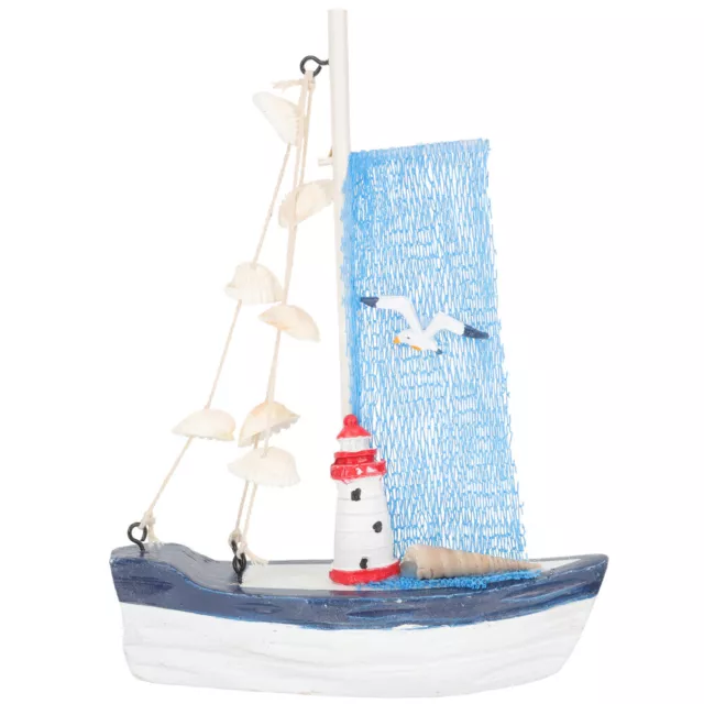 Wooden Ship Figurine Blue Net Lighthouse Sailboat Livingroom Decor Desktop