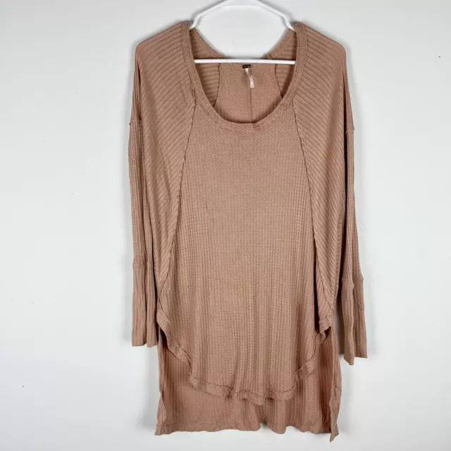 Free People Ventura High/Low Light Thermal Waffle Knit Long Sleeve Top Nude M