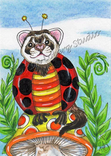 pet Ferret Lady Bug ACEO EBSQ Kim Loberg Fantasy insect Mini Art mushroom Ferns