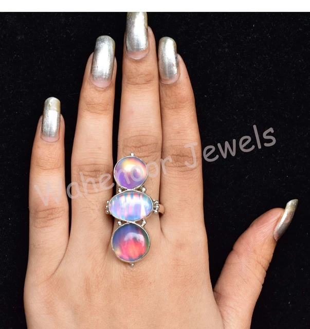 Bague Artisanale Créateur - Cristaux Gris Noir Irisés Et Perles Cuivrées - Taille 54