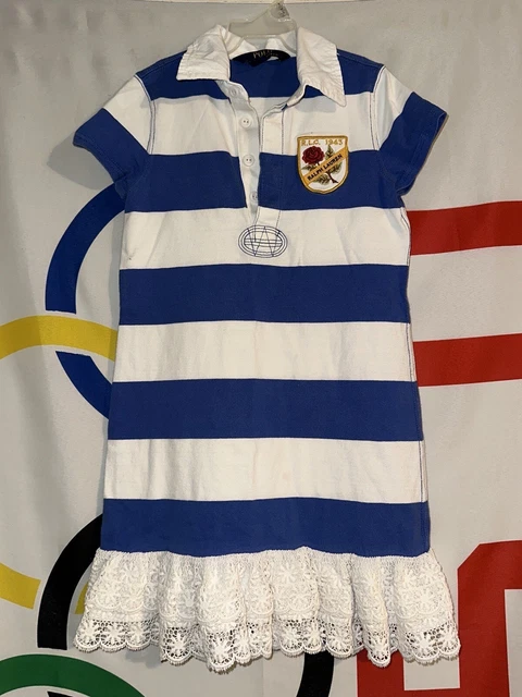 Polo Ralph Lauren Rugby Dress Girls Small Striped Rose Flower Laced Polo Shirt