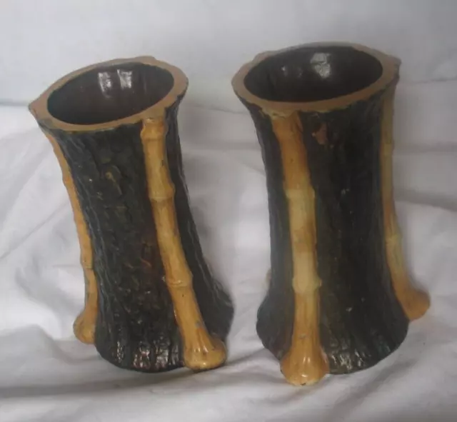 2 vintage Bretby Clanta Pottery England Bamboo 6.5 inch ornate vases