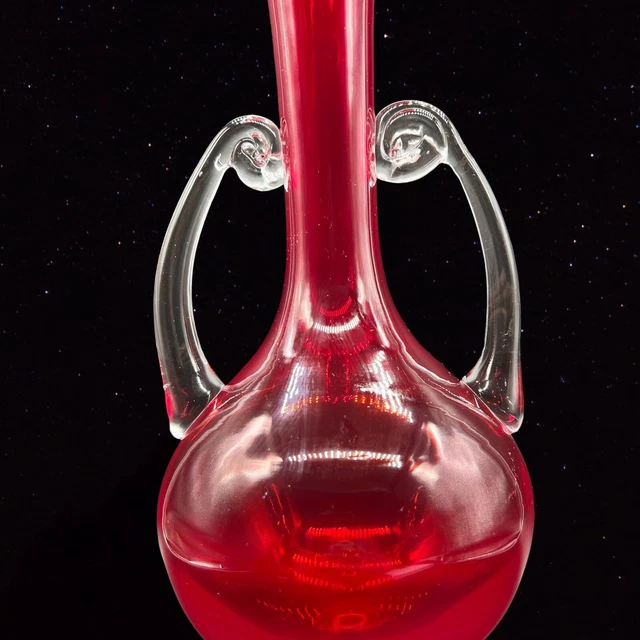 Vintage Murano Tall Red Vase W Handles Art Glass 14”T 3”W Round Clear Swirl 2