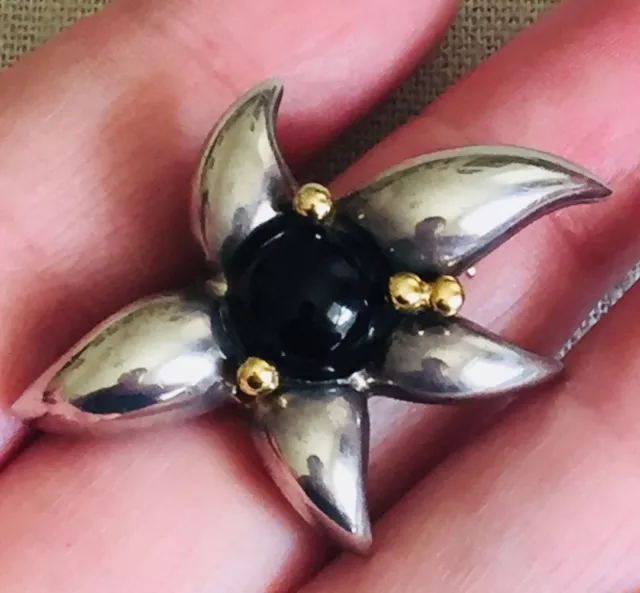 Broche fleur TIFFANY & CO 925 argent sterling et 750 or jaune 18 carats ONYX 3