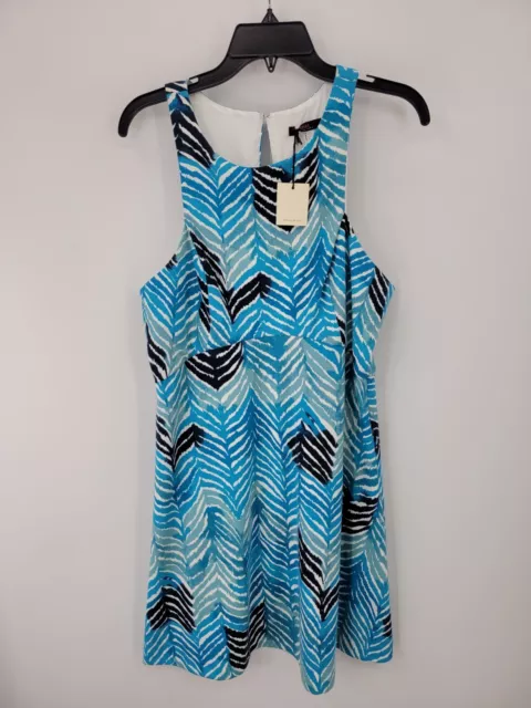 Trina Turk Dress Womens 12 Blue Leaf Print Sleeveless Scoop Neck Flowy Hawaiian