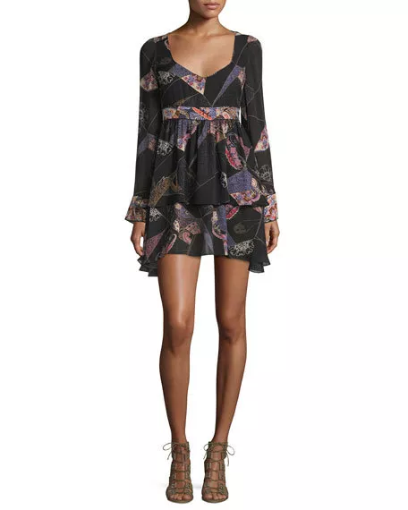 NWT$445 Elizabeth and James Lilou Black Printed Silk Handkerchief Hem Dress 2 XS