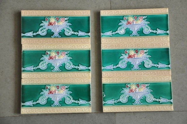 6 Pc Vintage Majolica Flower Basket Art Nouveau Architecture Tiles,Japan 2