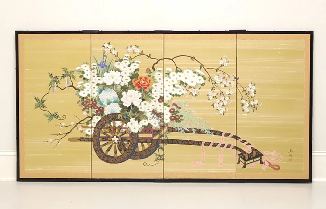 Mid 20th Century Japanese Four-Panel Folding Screen - Flower Cart