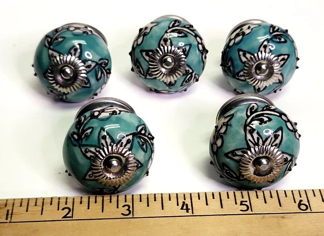 5 Ceramic Cabinet Drawer Knobs Aqua Teal White