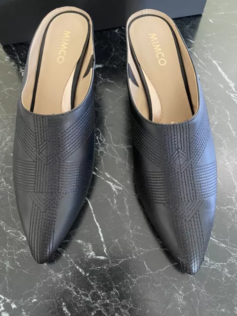 Mimco Black Mules with Silver Heels. Size 39. New In Box