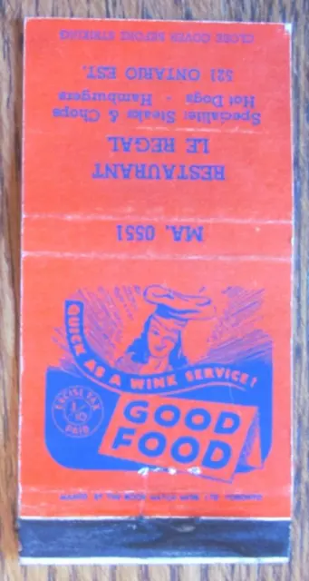 1940s CANADIAN TAX STAMP MATCHBOOK COVER: LE REGAL RESTAURANT MONTREAL, QC -D30