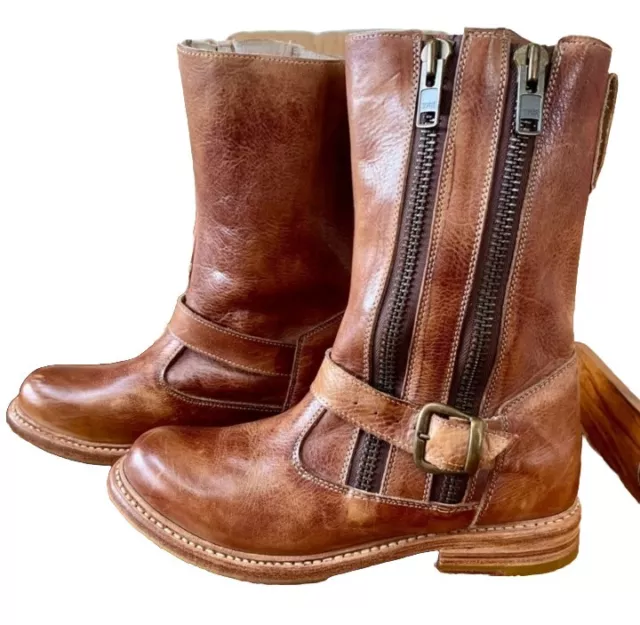 Bed Stu Hustle Teak Rowan Tall Boots Leather Double Zip Handcrafted Brown Size 7 3