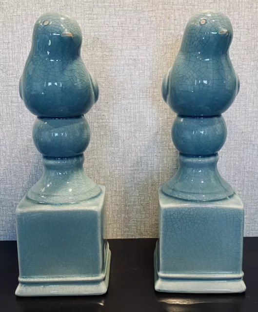 2 Porcelain 13” Turquoise ￼Doves on Columns, Statuettes, Crackle Pattern 3