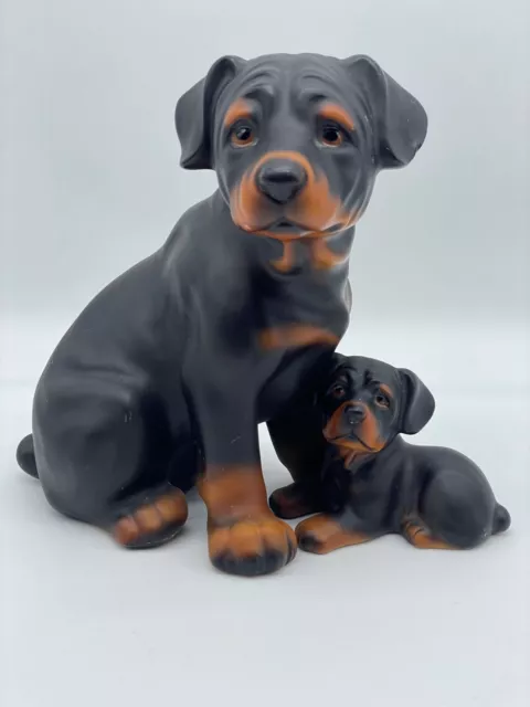 Vintage Ceramic Rottweiler Dog Mom and Puppy Figure Black & Tan Dog Lover