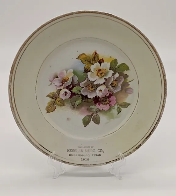 Antique Plate Compliments Kessler Merc Co Schulenburg Texas Flowers 1919 Worn