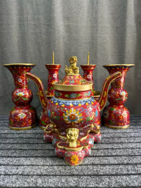 bronze Cloisonne enamel Buddhist culture offerings 5 pcs censer vase candlestick