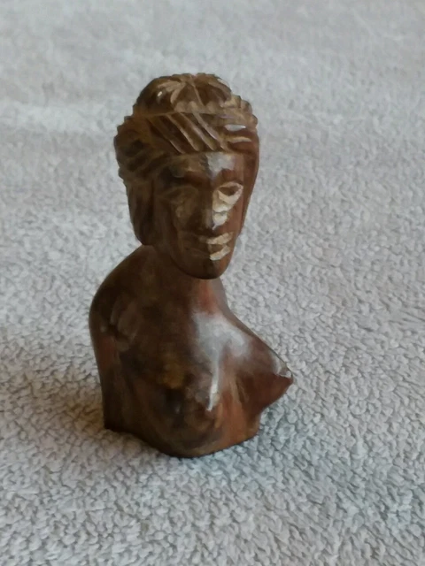 Old vintage hand carved miniature wooden woman nude bust figure wood carving