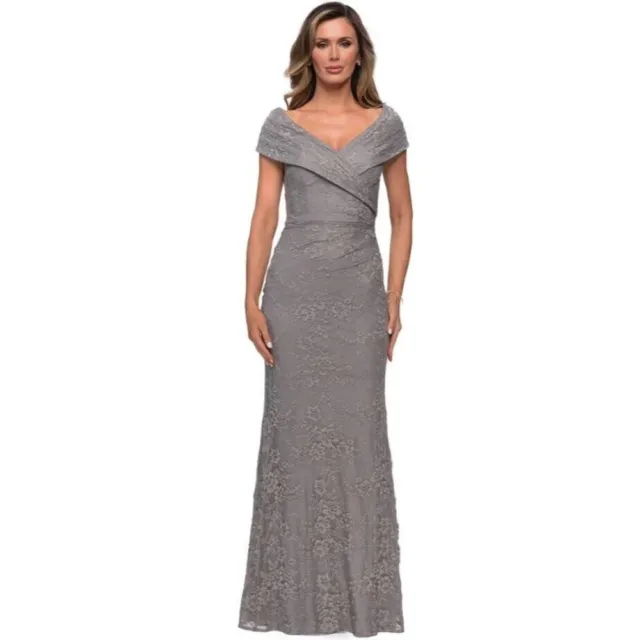 La Femme V-Neck Off Shoulder Knit Lace Sheath Long Dress Platinum Size 8 $438