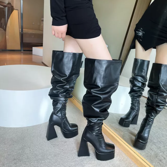 WOMENS THIGH HIGH Boots Chunky Heels Wide Calf Over The Knee Boots ...