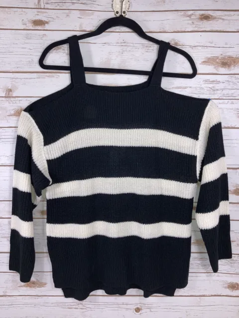 Sanctuary Clothing Amelie Cold-Shoulder Knit Sweater Black Striped Size M NWT