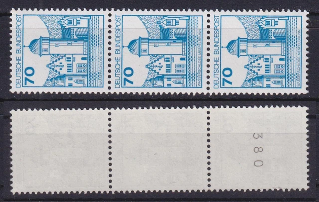 Bund 918 RM 3er Streifen gerader Nummer Burgen+Schlösser 70 Pf postfrisch