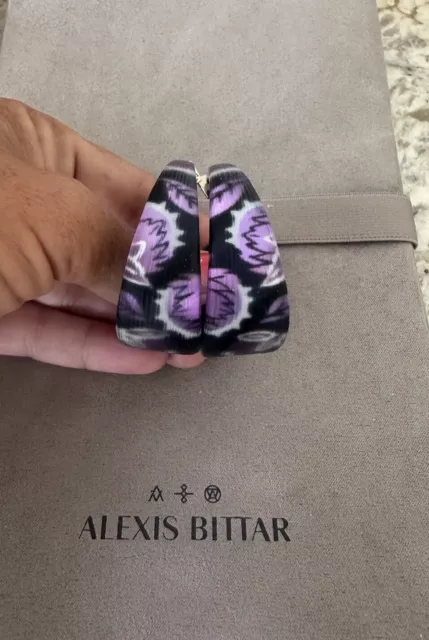 100% Authentic Alexis Bittar Black / Purple Floral Lucite Hoop Earrings
