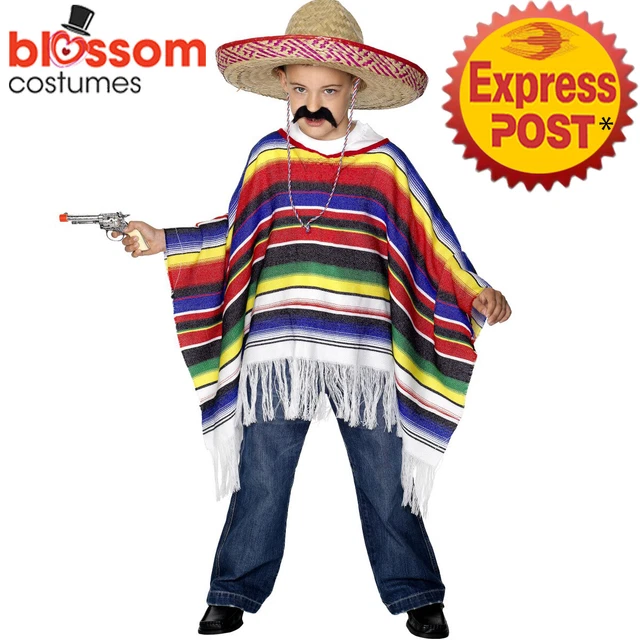 Kids Mexican Poncho And Sombrero Set – Wild Western Fancy Dress Costume Outfit