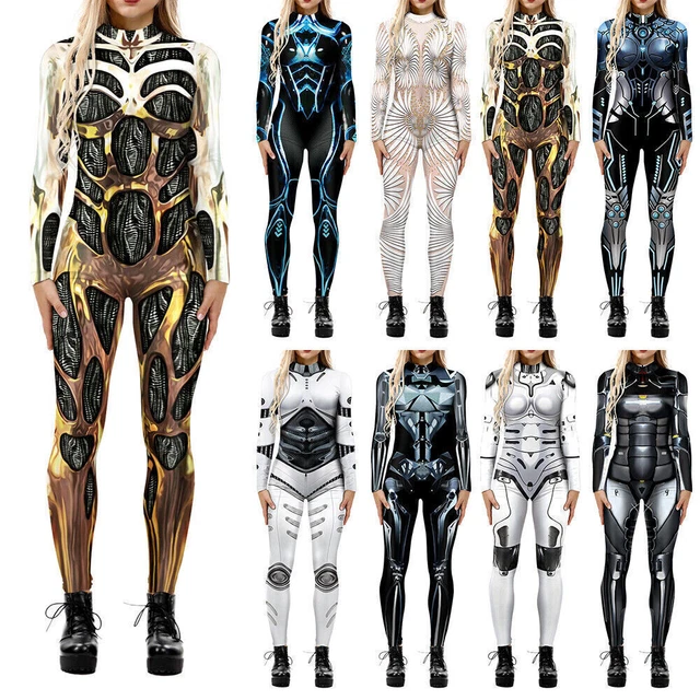 Womens Halloween 3D Punk Robot Jumpsuit Bodysuit Party Leggings Cosplay Costume