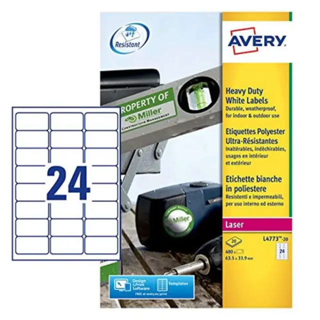 Avery L4773-20 (63.5 x 33.9mm) Extra-Strong Adhesive Heavy Duty Weatherproof Lab