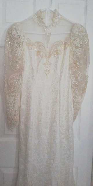 Vintage Lace Sequins Beads Wedding Dress Hand Made