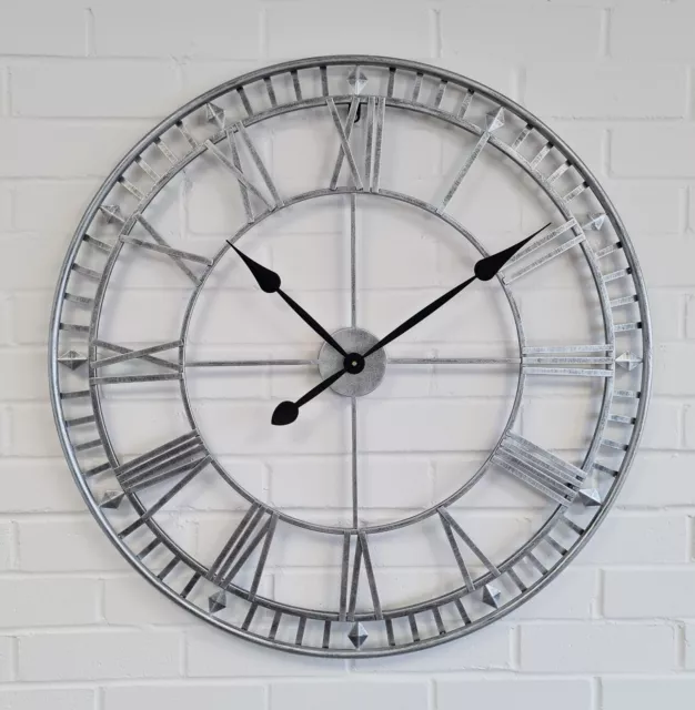 WALL CLOCK ROMAN LARGE INDOOR NUMERALS GIANT OPEN FACE METAL 80CM Garden Silver