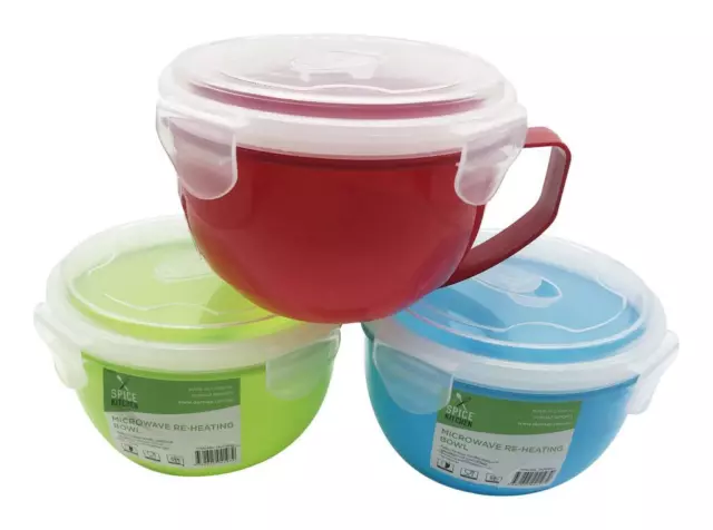 3 x Microwave Reheating Bowl Mug 1L with Lid Handle Lunchbox Soup Cup Travel