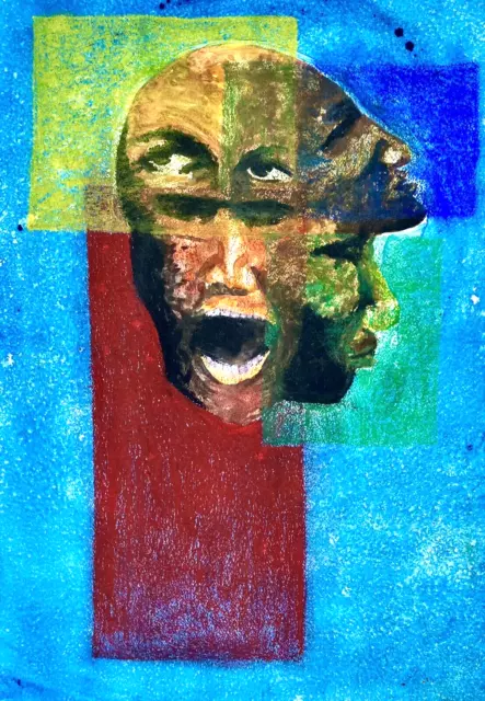 Vintage Lithograph Surreal Faces Portrait 80s De Stijl Art African Black Modern