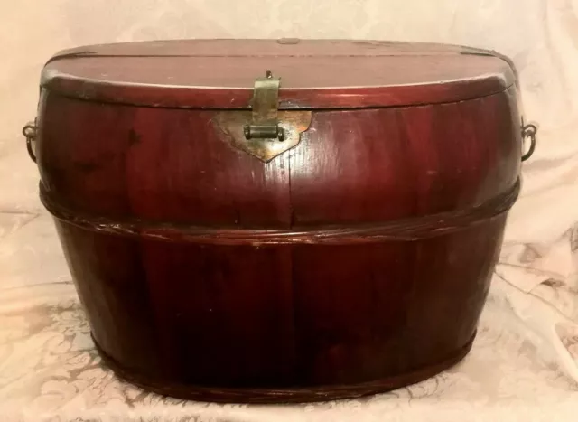 Antique Asian Red Lacquer Wedding Basket Wood Qing Large Oval Storage Box