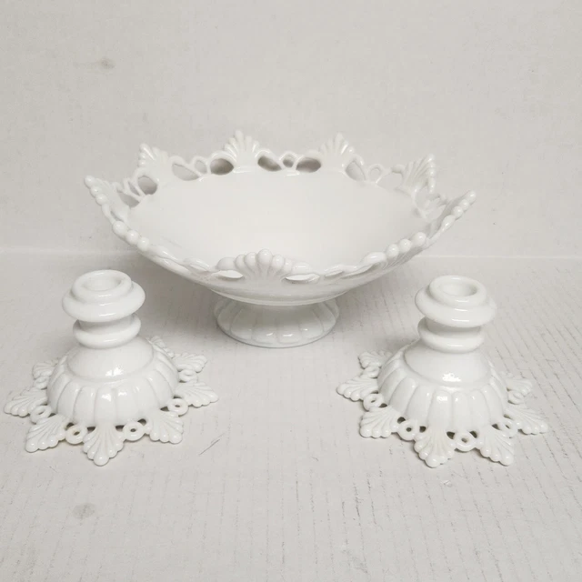 Westmoreland Glass Ring Petal Milk Glass Console Bowl & Candlesticks EUC