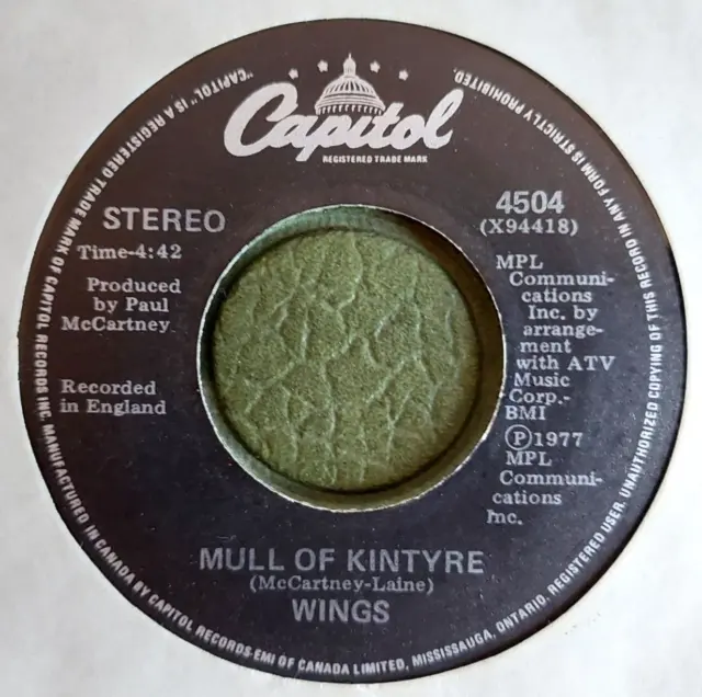 PAUL MCCARTNEY & WINGS Mull Of Kintyre 7" Capitol Records 4504 Canada 1977