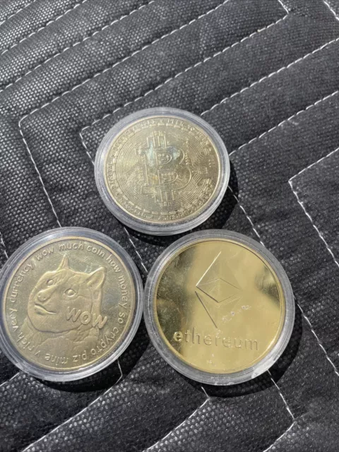 Crypto Currency Collectible Challenge Coins (Lot of 3) Bitcoin, ethereum, Dodge