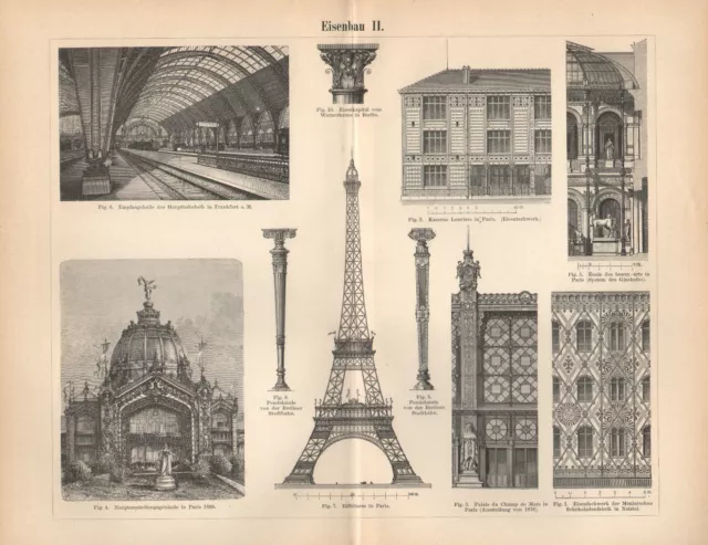 Eisenbau I+II  Eiffelturm Eisen  Hauptbahnhof Frankfurt a.M. Holzstich um 1900