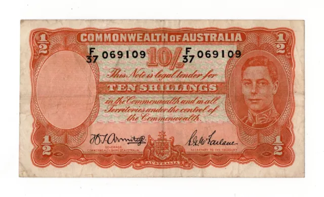 1942 Commonwealth of Australia Ten Shillings Banknote - VF