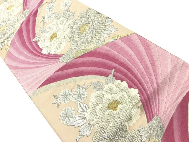 10767# Japanese Kimono / Vintage Fukuro Obi / Woven Peony