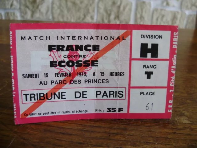 Billet Ticket France Ecosse 1975 Rugby Tournoi 5 Nations Parc Ballon Maillot