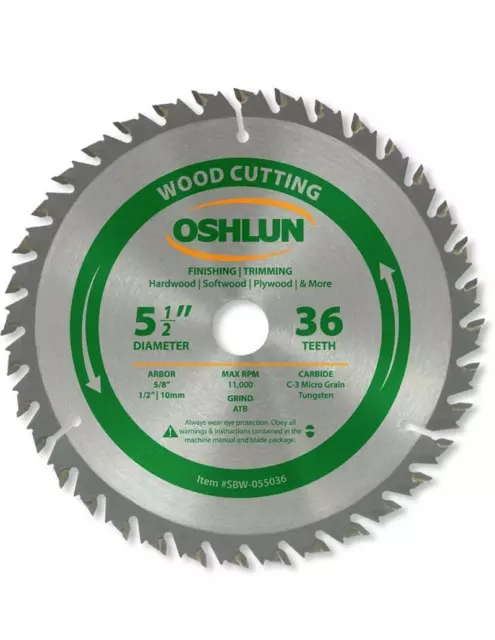 Oshlun SBW-055036 Saw Blade 5-1/2" x 36T w/ 5/8" Arbor plus 1/2" & 10mm Bushings